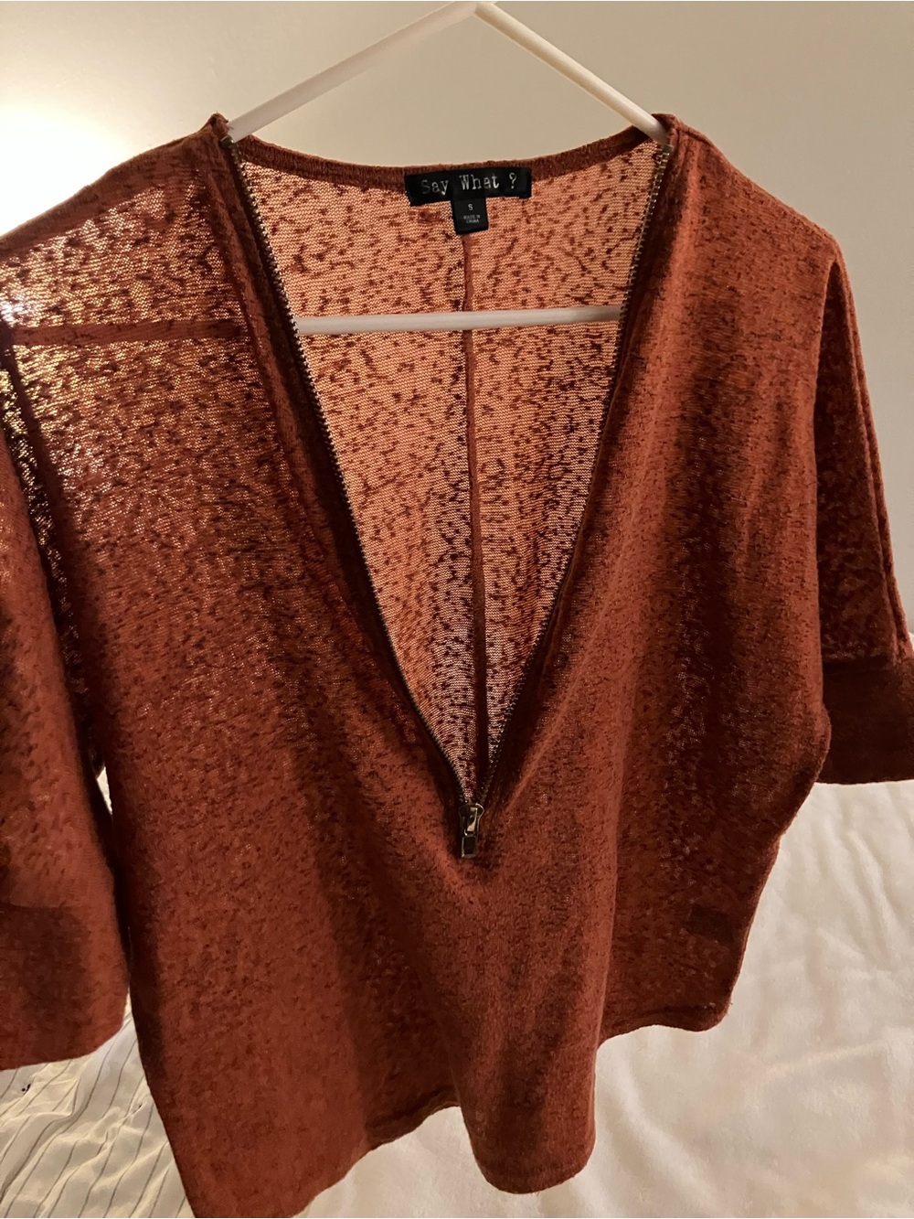Say What? Women's Burnt Orange V-Neck Zip Pullover